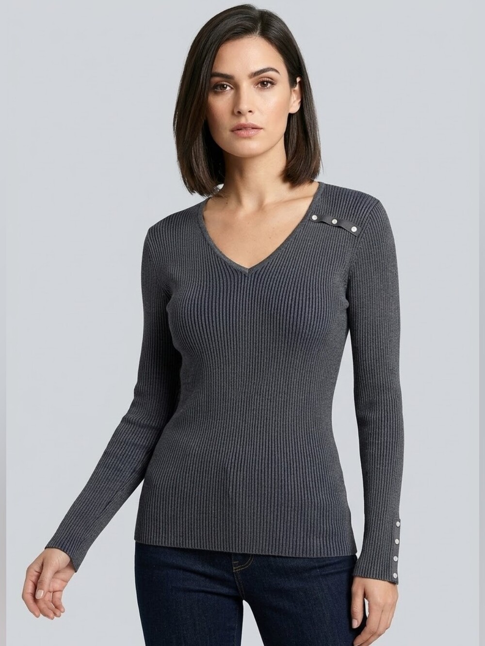JP. Evlution Grey Navy Y2K Bella Swan Studded Ribbed Knit Top Small